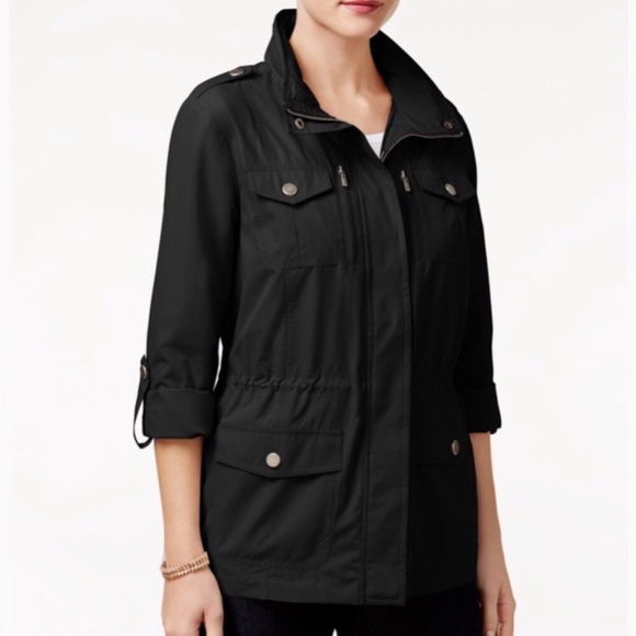 Style & Co. Jackets & Blazers - Style & Co Hooded Black Gold Accented Raincoat